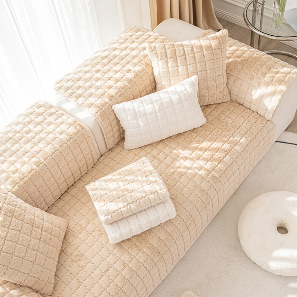 Plush Thickened Non-Slip Sofa Cushion, Four-Season Universal L-Shaped Cover, Rabbit Plush Light Luxury Style