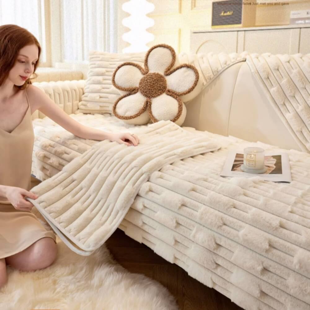 Rabbit Velvet Plush Sofa Cushion, Winter Thickened Non-Slip Leather Sofa Cover