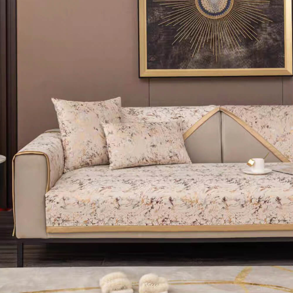 European Luxury Gold-Stamped Velvet Sofa Protector Cover - Anti-Slip Couch Mat