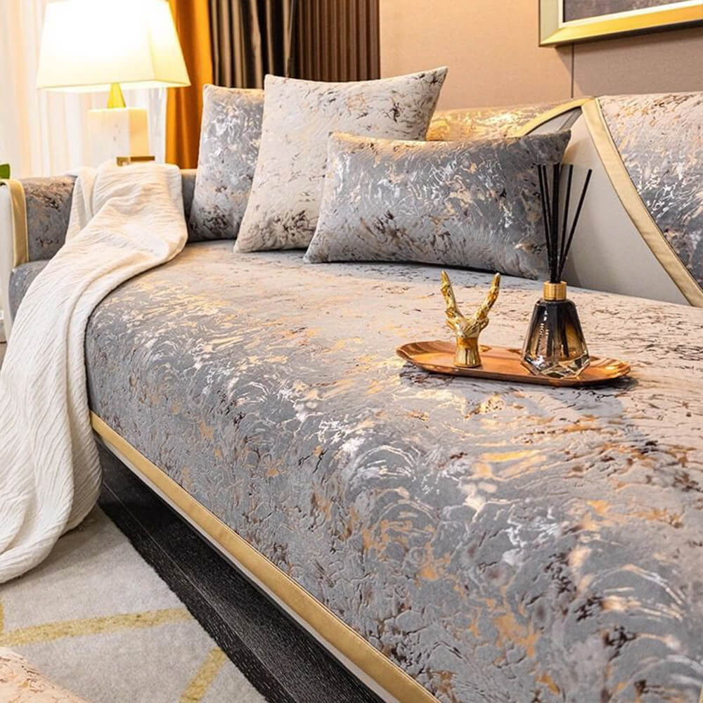 European Luxury Gold-Stamped Velvet Sofa Protector Cover - Anti-Slip Couch Mat