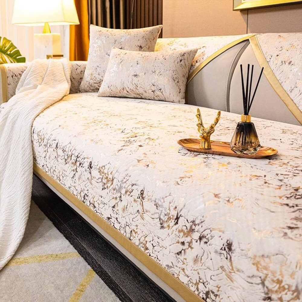 European Luxury Gold-Stamped Velvet Sofa Protector Cover - Anti-Slip Couch Mat