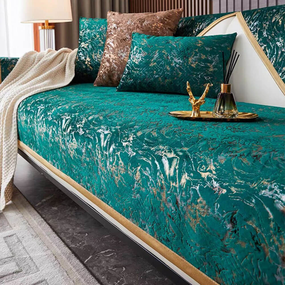 European Luxury Gold-Stamped Velvet Sofa Protector Cover - Anti-Slip Couch Mat