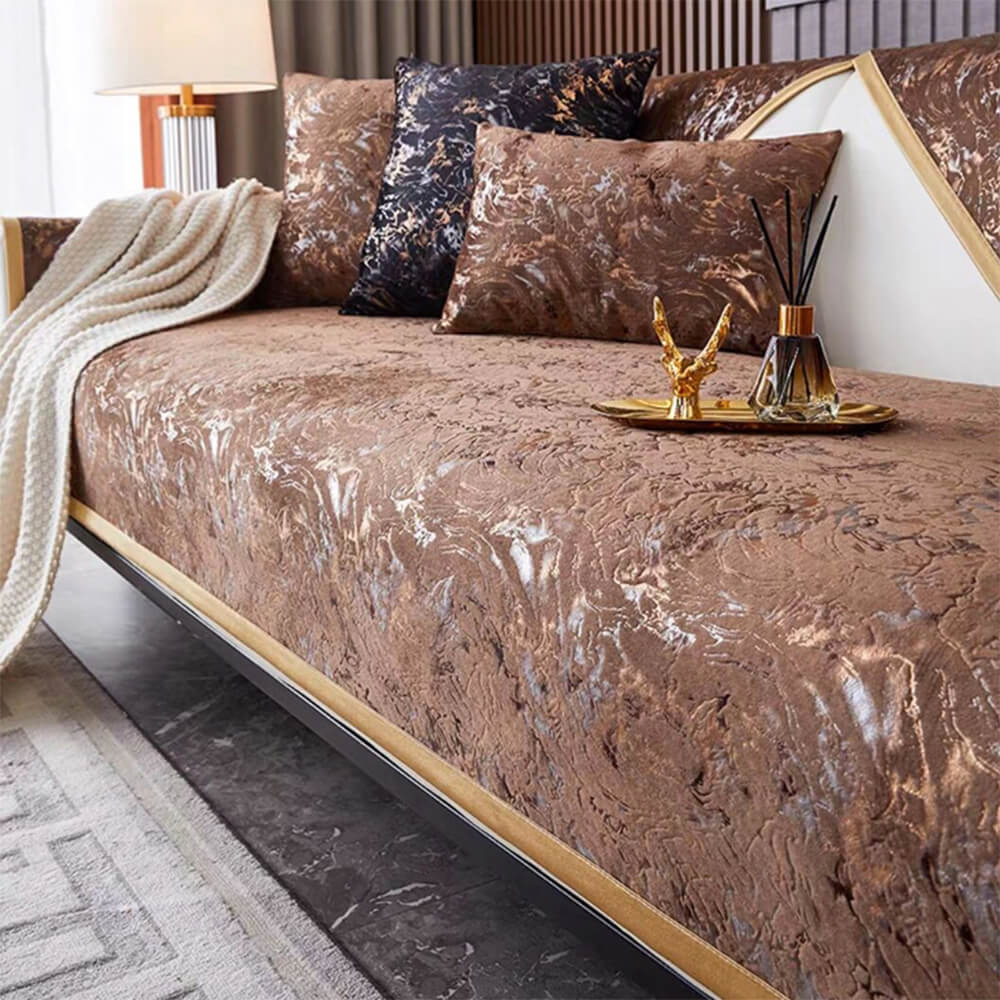 European Luxury Gold-Stamped Velvet Sofa Protector Cover - Anti-Slip Couch Mat
