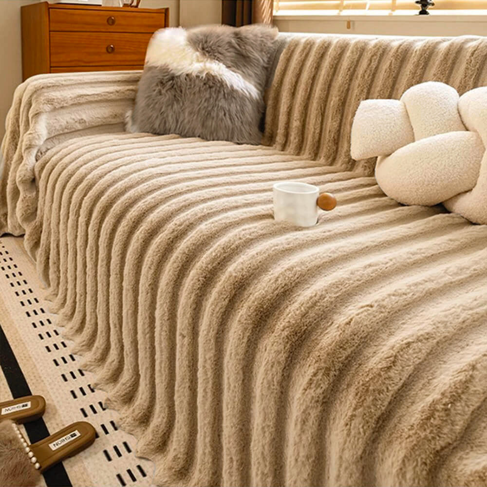 Cream Wide-Striped Faux Rabbit Fur One-Piece Sofa Protector Cover - Full Coverage Couch Mat