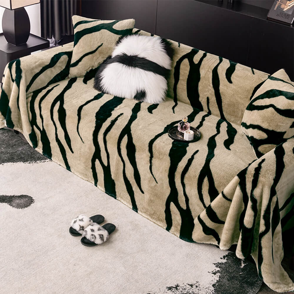 Luxurious Zebra-Print Plush Sofa Protector Cover - Stylish Fluffy Furniture Mat for Couch Protection