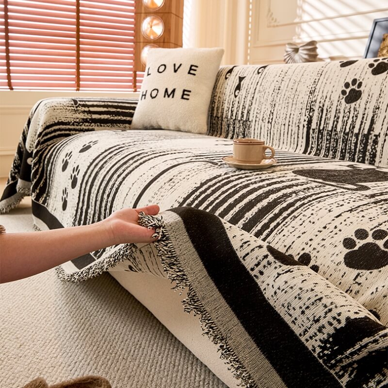 Cartoon Paw Print Chenille Anti-Scratch Sofa Throw Cover