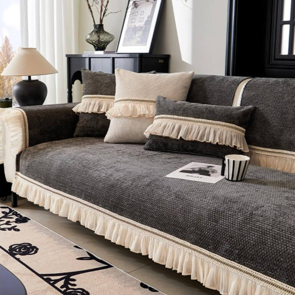 Classic Chenille All-Season Sofa Protector Cover - Wear-Resistant Furniture Mat with Elegant Lace Trim
