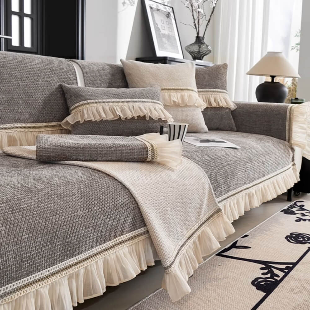 Classic Chenille All-Season Sofa Protector Cover - Wear-Resistant Furniture Mat with Elegant Lace Trim