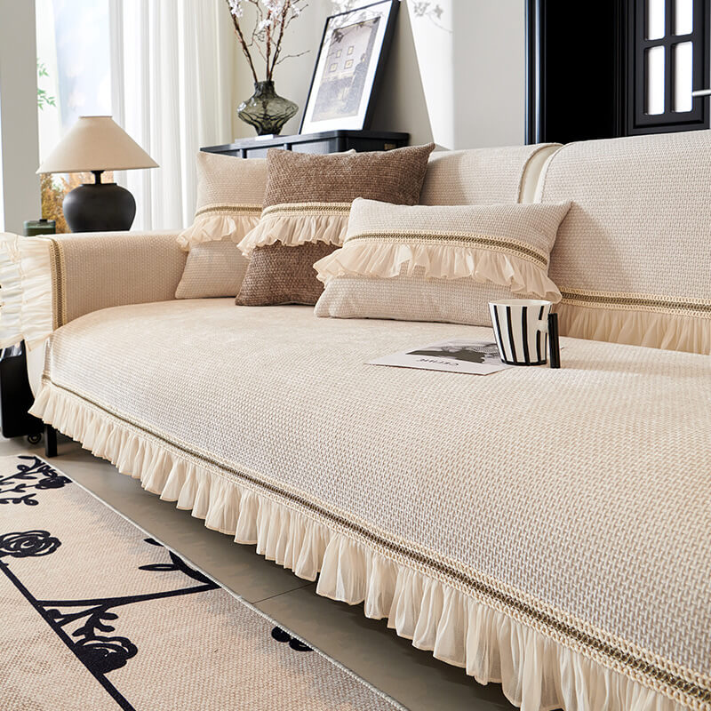 Classic Chenille All-Season Sofa Protector Cover - Wear-Resistant Furniture Mat with Elegant Lace Trim
