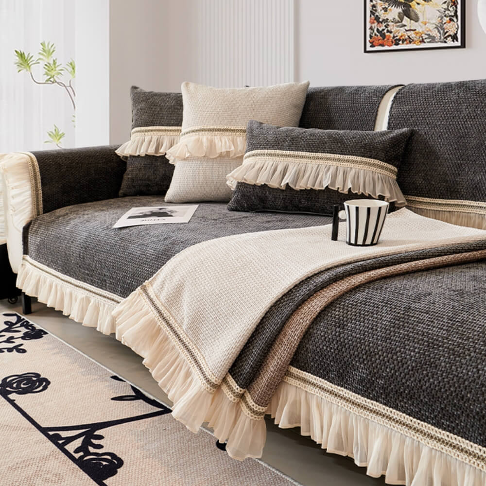 Classic Chenille All-Season Sofa Protector Cover - Wear-Resistant Furniture Mat with Elegant Lace Trim