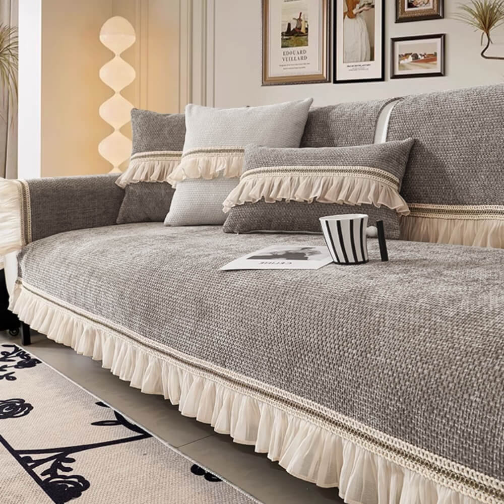 Classic Chenille All-Season Sofa Protector Cover - Wear-Resistant Furniture Mat with Elegant Lace Trim