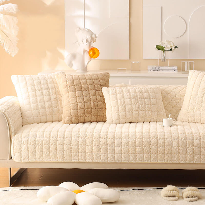 2024 plush thickened non-slip models, four-season universal-shaped sofa cushion, rabbit plush light luxury style
