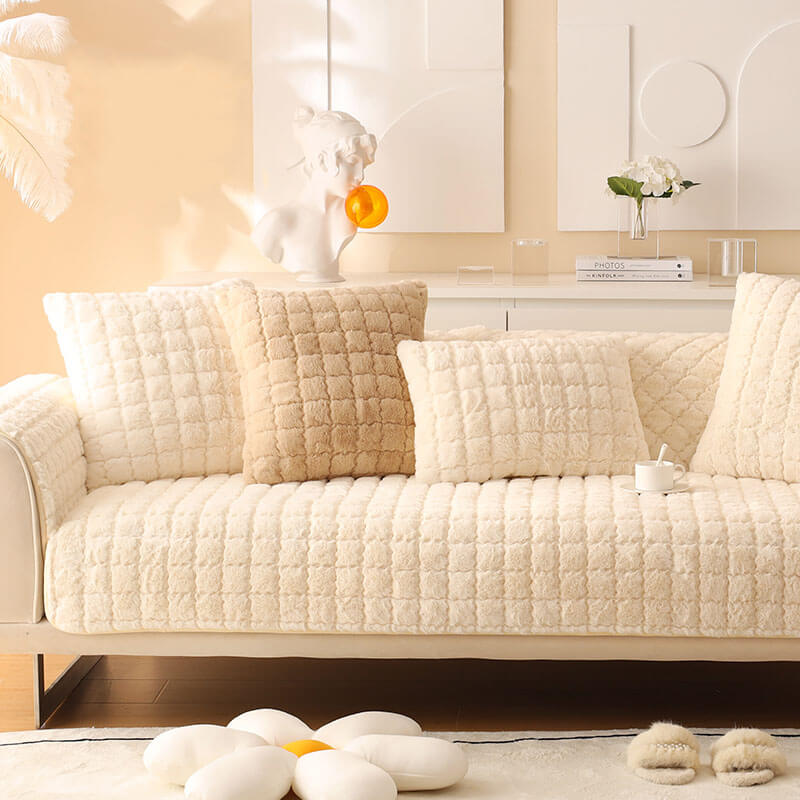 Plush Thickened Non-Slip Sofa Cushion, Four-Season Universal L-Shaped Cover, Rabbit Plush Light Luxury Style