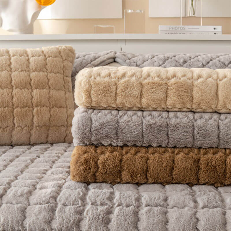Plush Thickened Non-Slip Sofa Cushion, Four-Season Universal L-Shaped Cover, Rabbit Plush Light Luxury Style