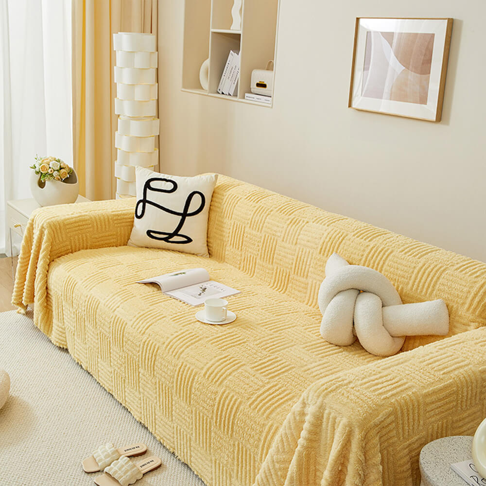 Irregular Checkerboard Striped Puff Velvet Sofa Protector Cover