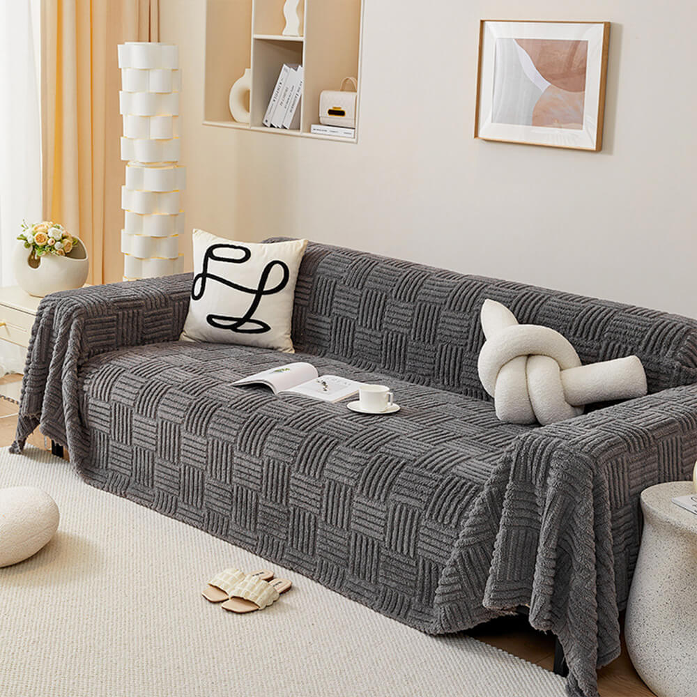 Irregular Checkerboard Striped Puff Velvet Sofa Protector Cover
