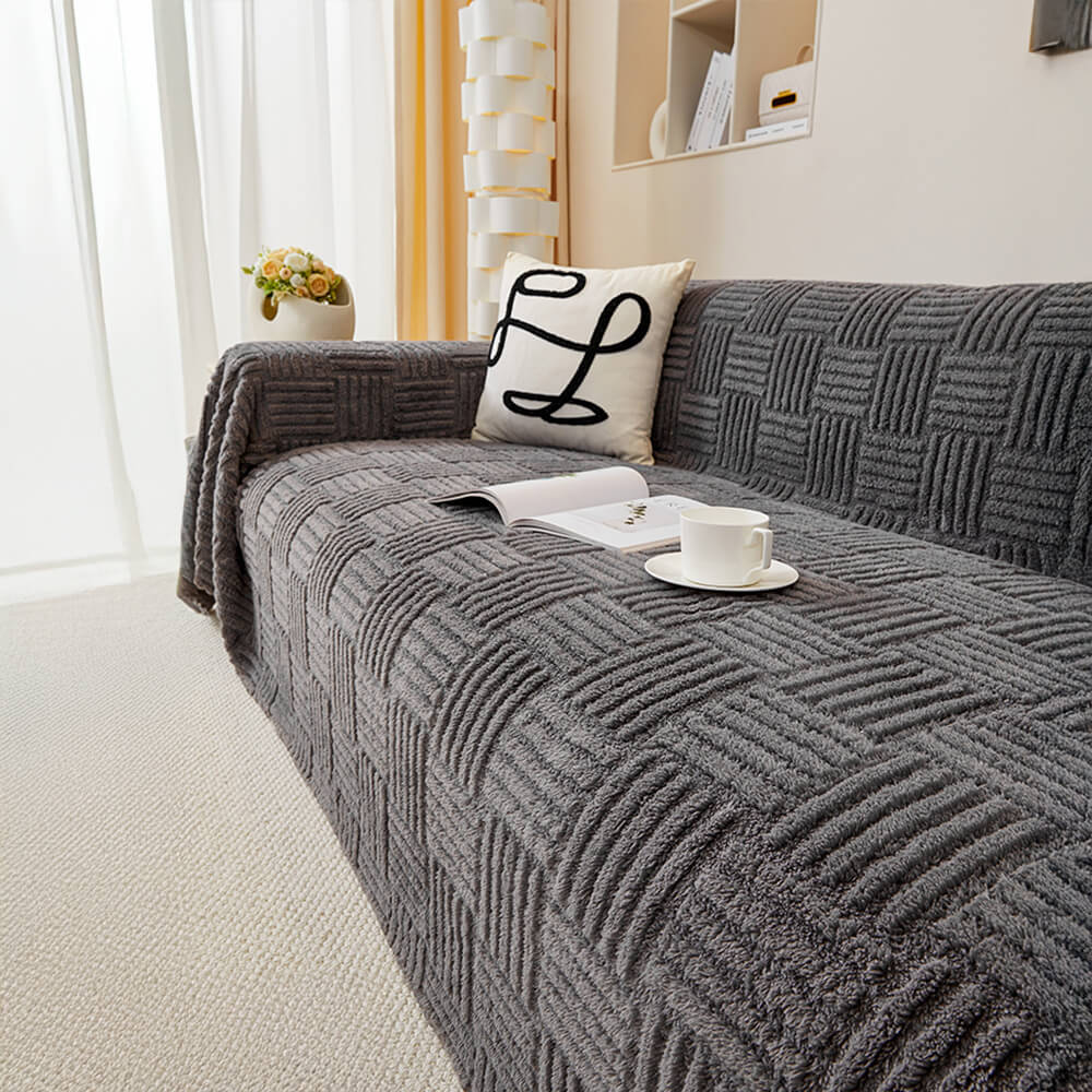 Irregular Checkerboard Striped Puff Velvet Sofa Protector Cover
