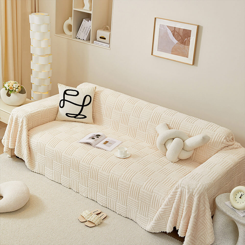 Irregular Checkerboard Striped Puff Velvet Sofa Protector Cover