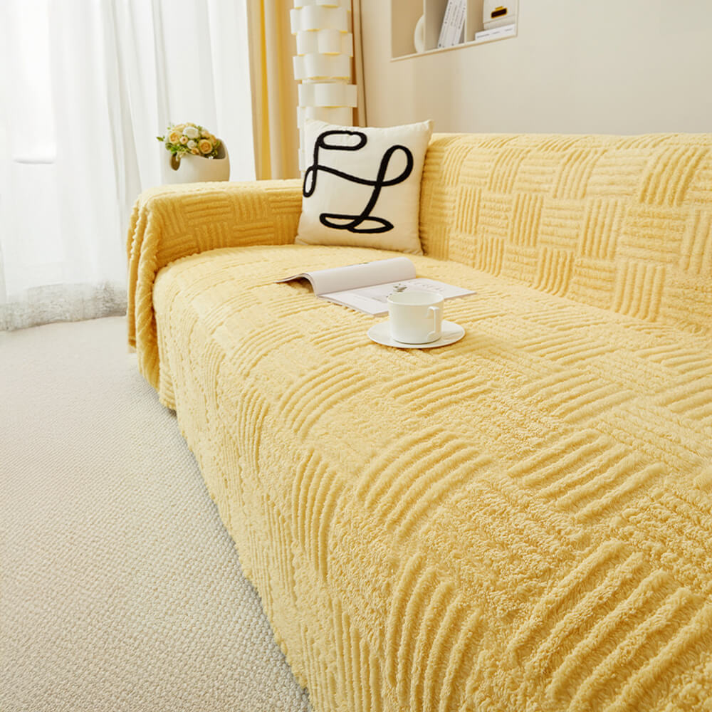 Irregular Checkerboard Striped Puff Velvet Sofa Protector Cover