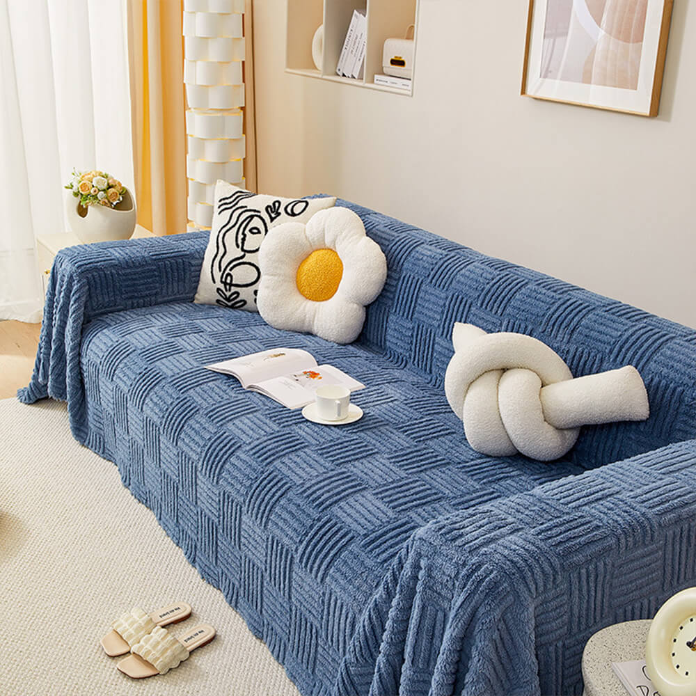 Irregular Checkerboard Striped Puff Velvet Sofa Protector Cover