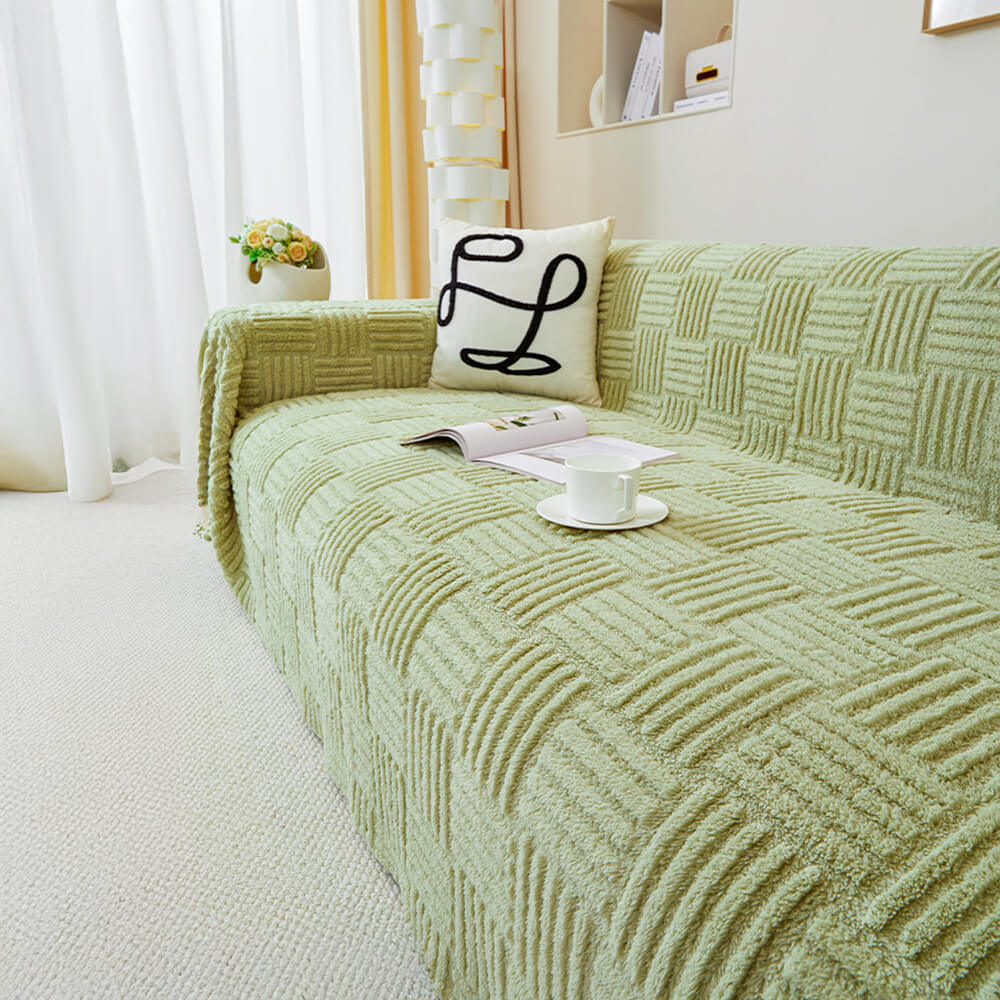 Irregular Checkerboard Striped Puff Velvet Sofa Protector Cover