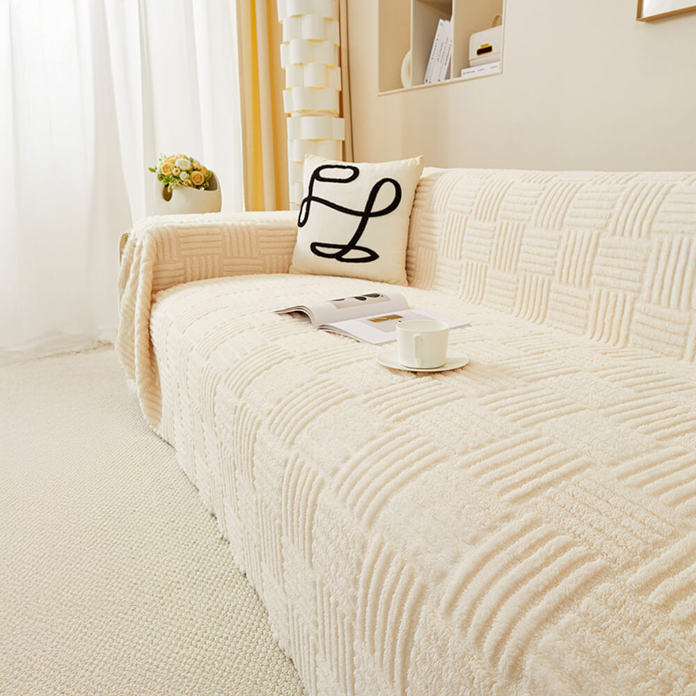 Irregular Checkerboard Striped Puff Velvet Sofa Protector Cover