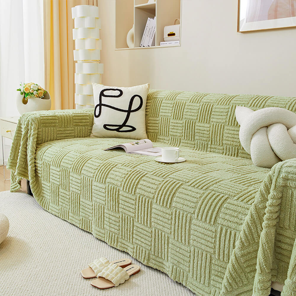 Irregular Checkerboard Striped Puff Velvet Sofa Protector Cover
