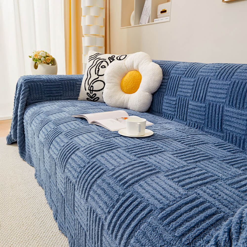 Irregular Checkerboard Striped Puff Velvet Sofa Protector Cover