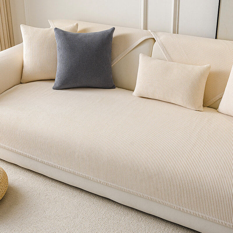 Modern Cream Vertical Stripes Fleece All-Season Sofa Cover