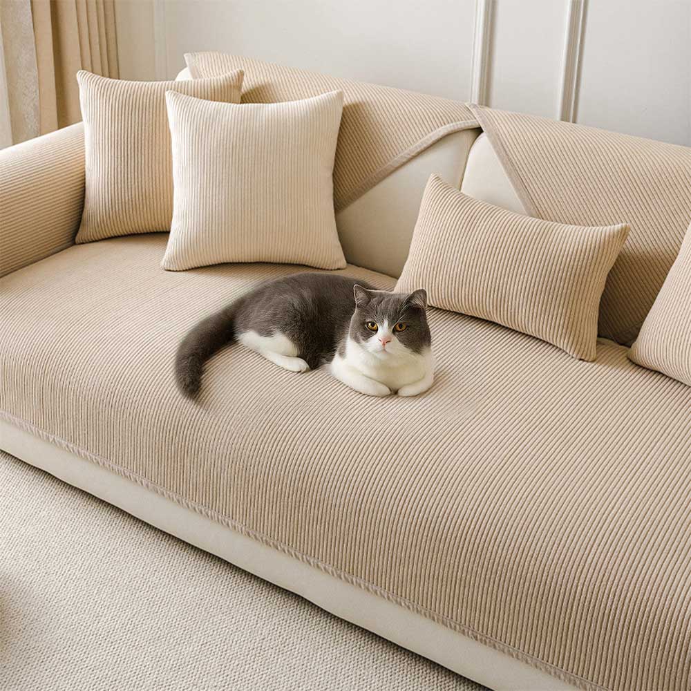 Modern Cream Vertical Stripes Fleece All-Season Sofa Cover