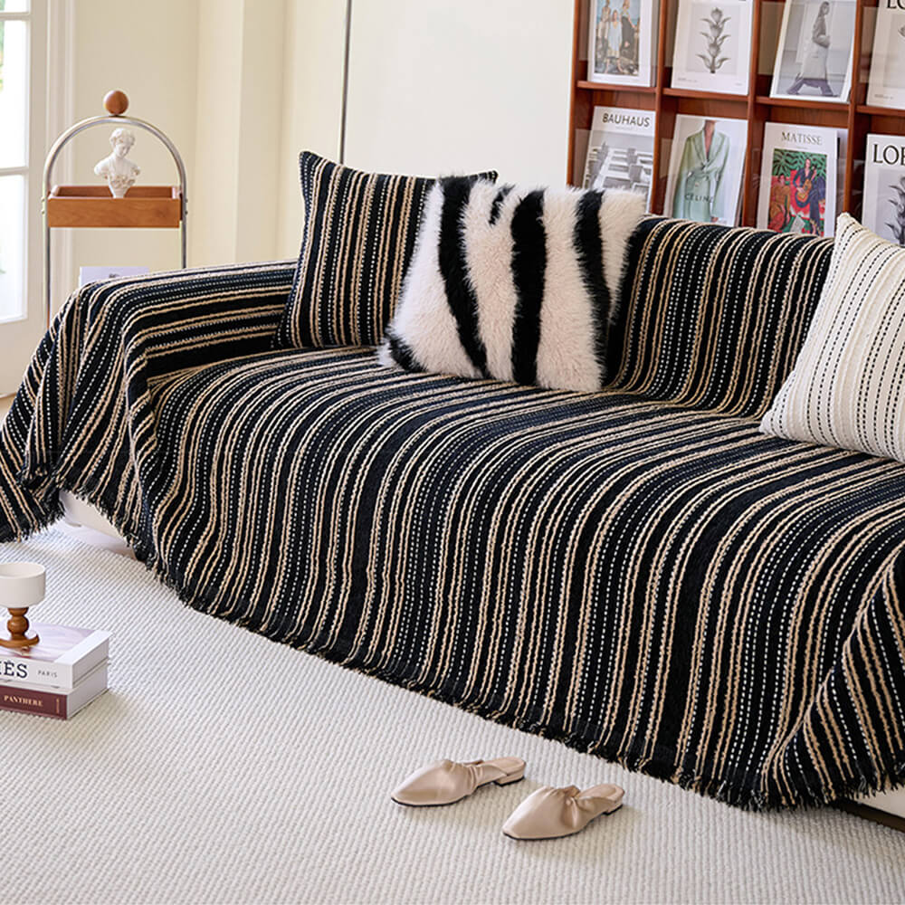 All-Season Striped Tassels Full-Cover Chenille Sofa Protector