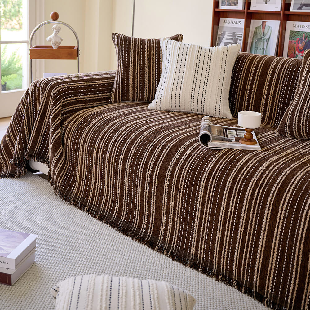 All-Season Striped Tassels Full-Cover Chenille Sofa Protector