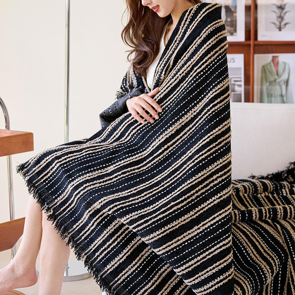 All-Season Striped Tassels Full-Cover Chenille Sofa Protector