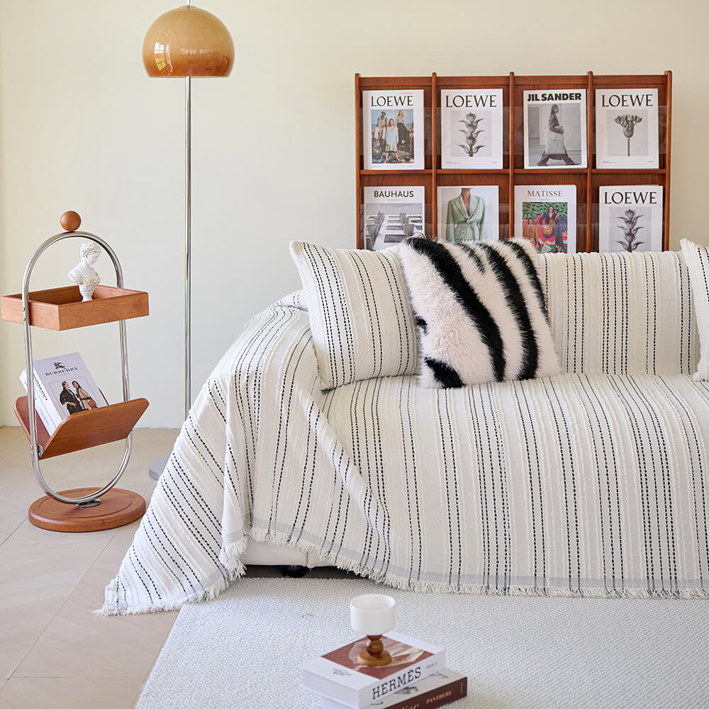 All-Season Striped Tassels Full-Cover Chenille Sofa Protector