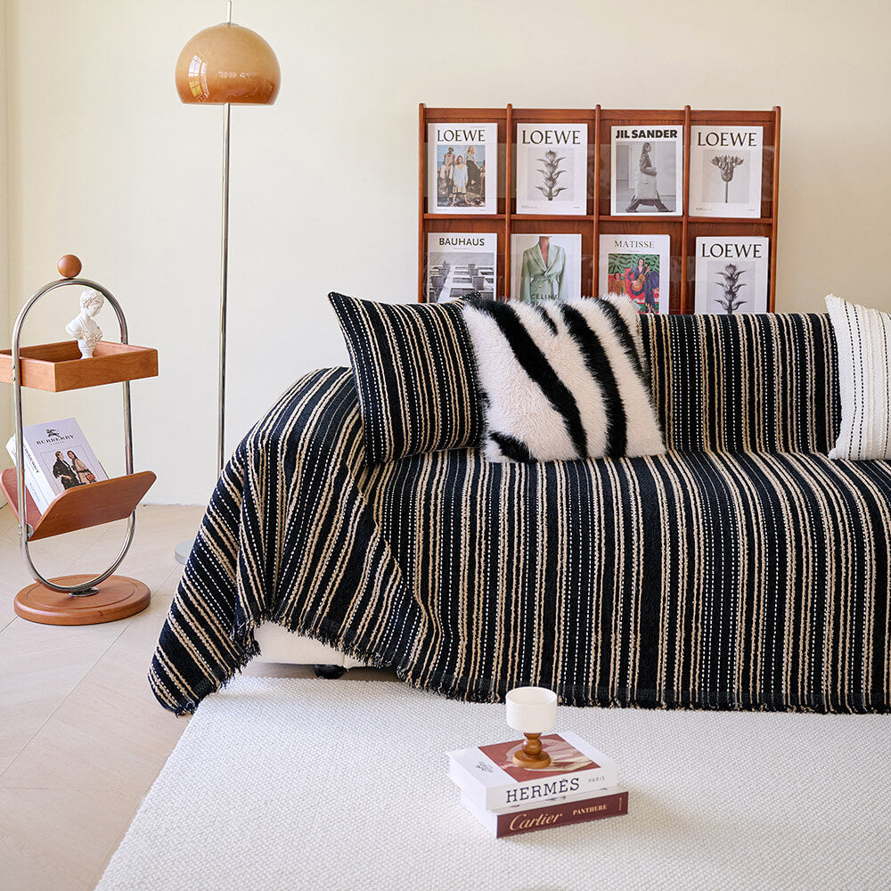 All-Season Striped Tassels Full-Cover Chenille Sofa Protector