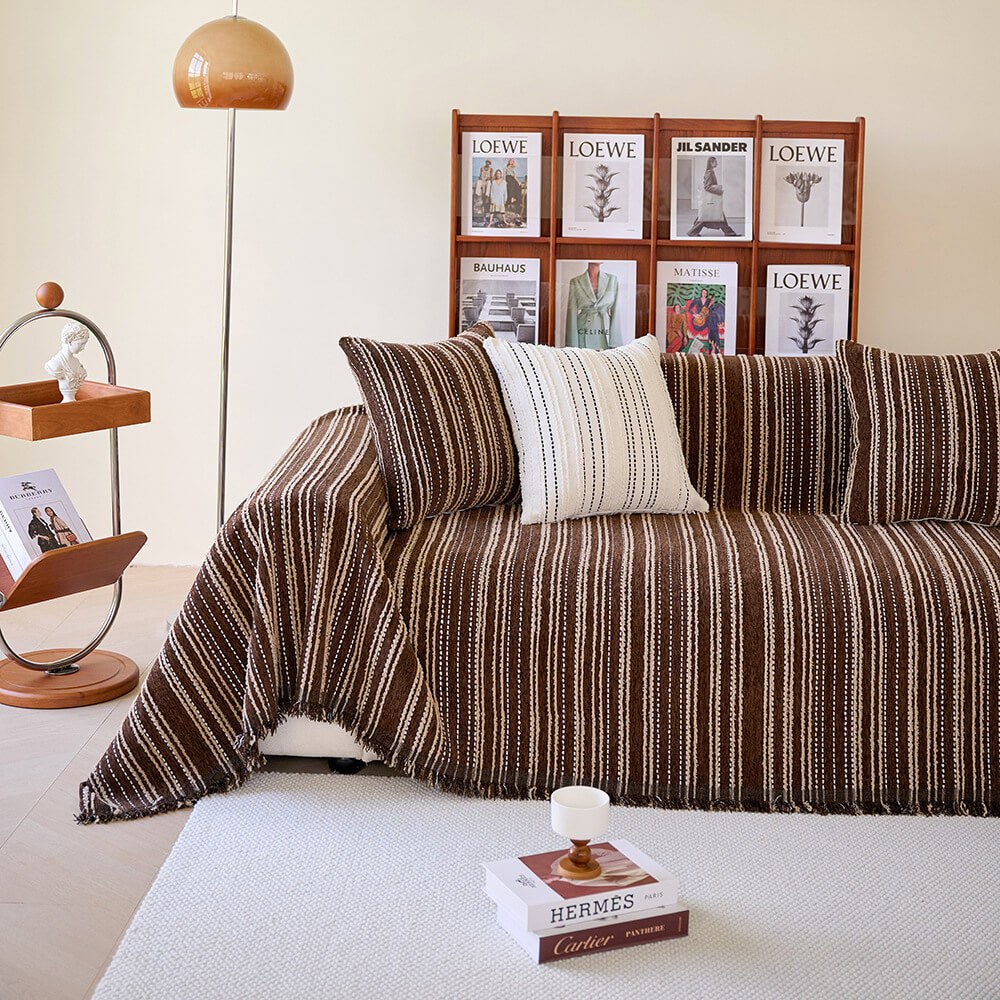 All-Season Striped Tassels Full-Cover Chenille Sofa Protector