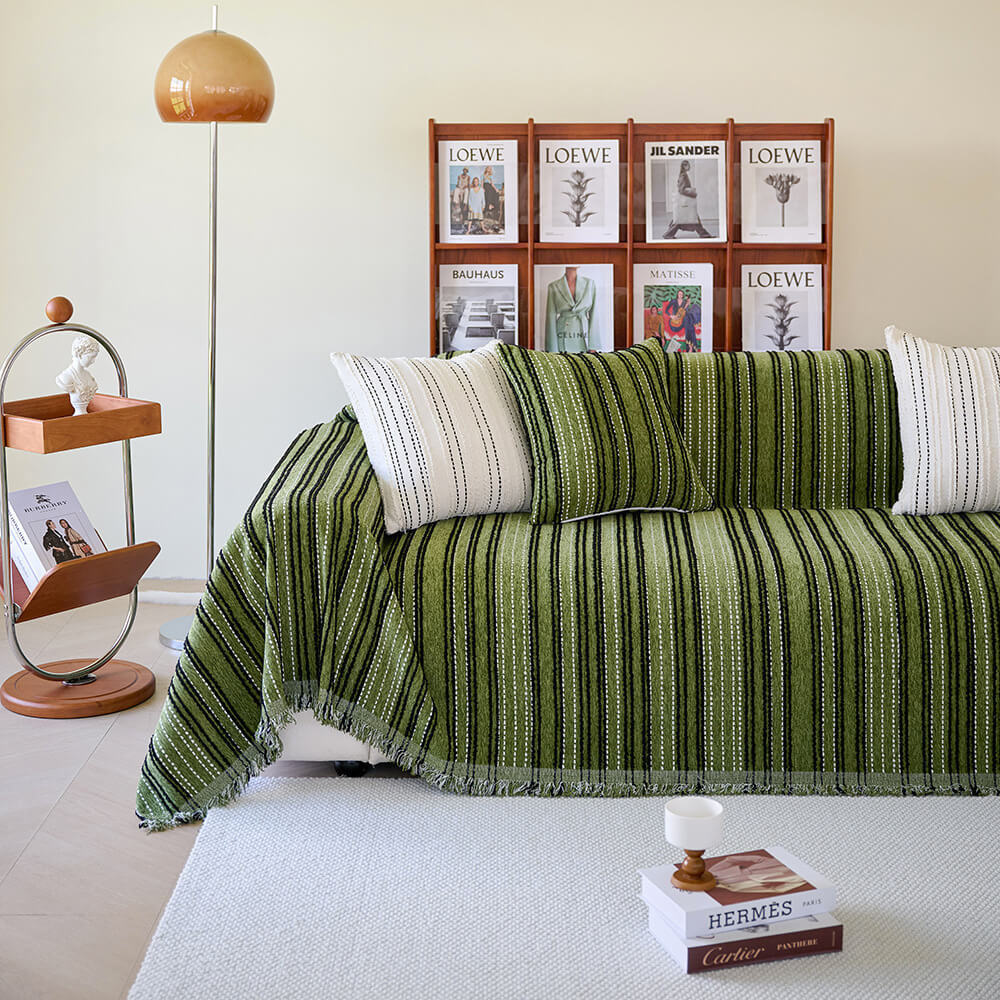 All-Season Striped Tassels Full-Cover Chenille Sofa Protector