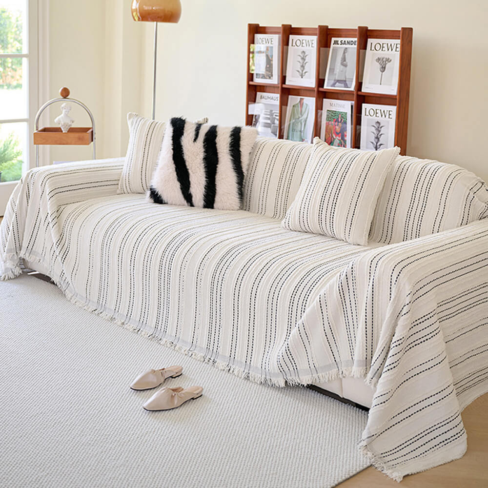 All-Season Striped Tassels Full-Cover Chenille Sofa Protector
