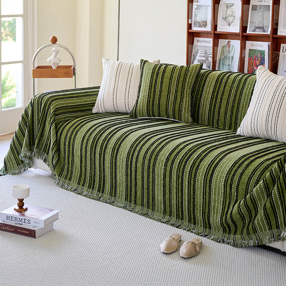 All-Season Striped Tassels Full-Cover Chenille Sofa Protector