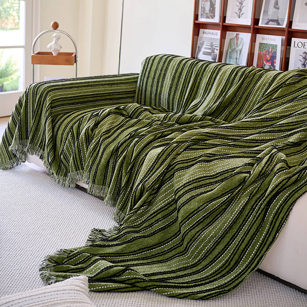 All-Season Striped Tassels Full-Cover Chenille Sofa Protector