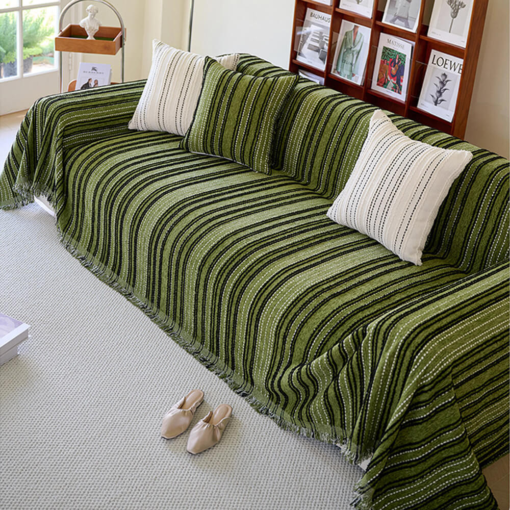 All-Season Striped Tassels Full-Cover Chenille Sofa Protector