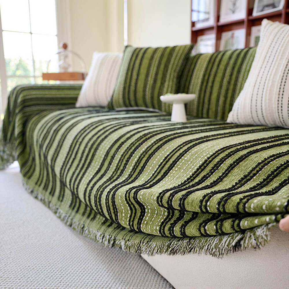 All-Season Striped Tassels Full-Cover Chenille Sofa Protector