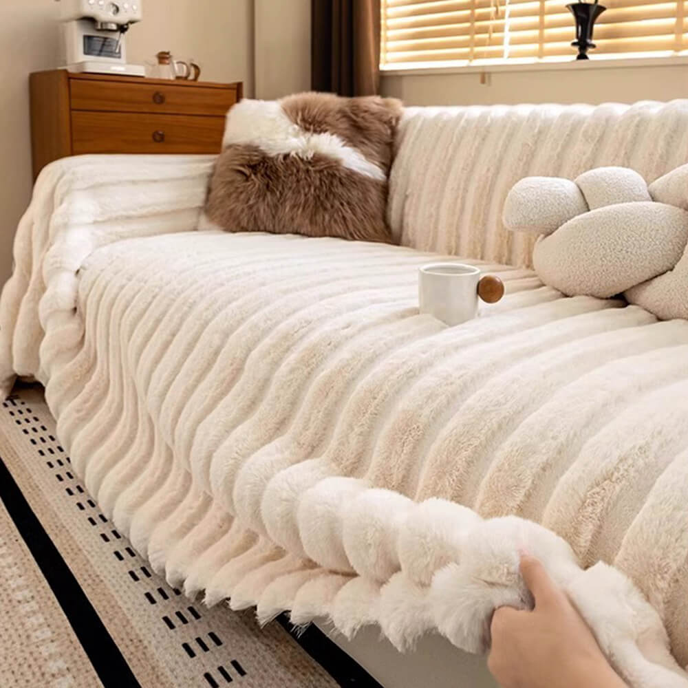 Cream Wide-Striped Faux Rabbit Fur One-Piece Sofa Protector Cover - Full Coverage Couch Mat