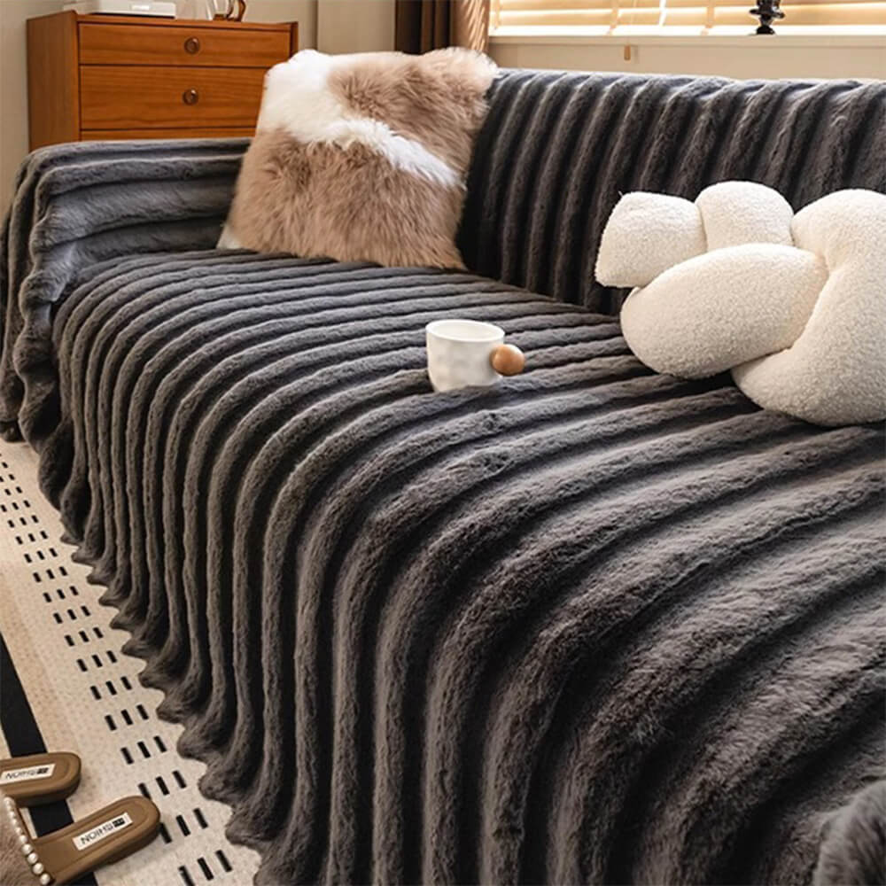 Cream Wide-Striped Faux Rabbit Fur One-Piece Sofa Protector Cover - Full Coverage Couch Mat
