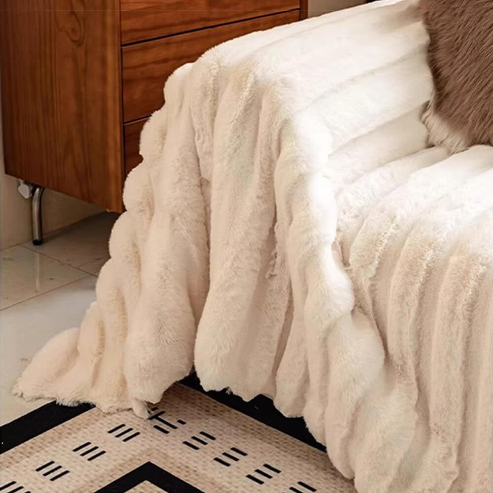 Cream Wide-Striped Faux Rabbit Fur One-Piece Sofa Protector Cover - Full Coverage Couch Mat