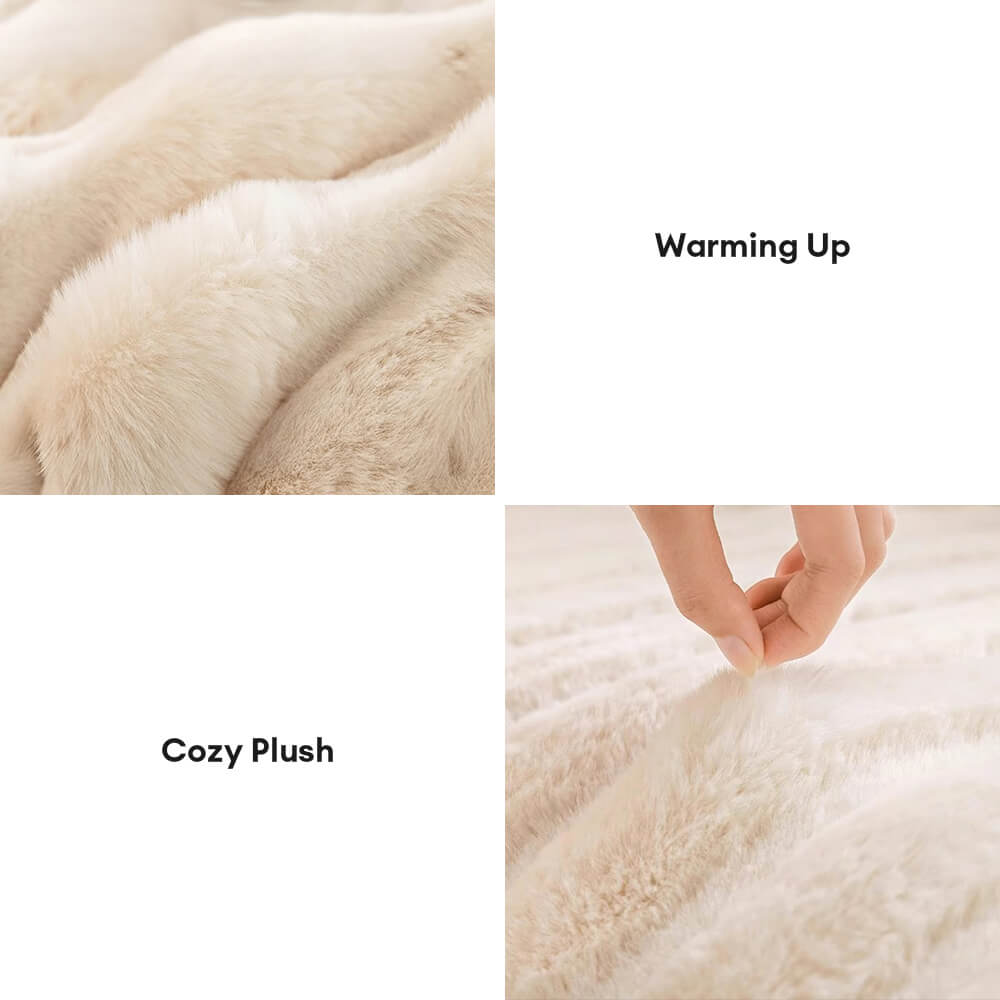Cream Wide-Striped Faux Rabbit Fur One-Piece Sofa Protector Cover - Full Coverage Couch Mat