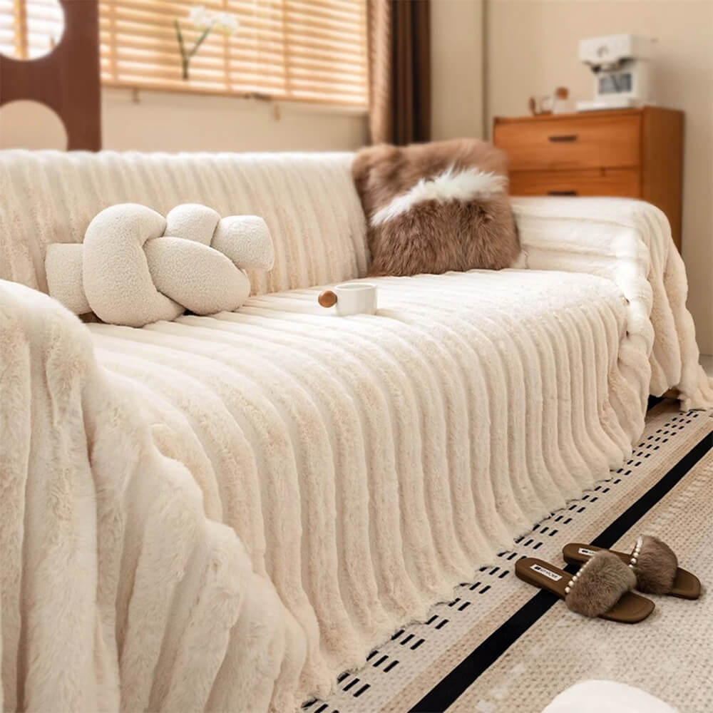 Cream Wide-Striped Faux Rabbit Fur One-Piece Sofa Protector Cover - Full Coverage Couch Mat