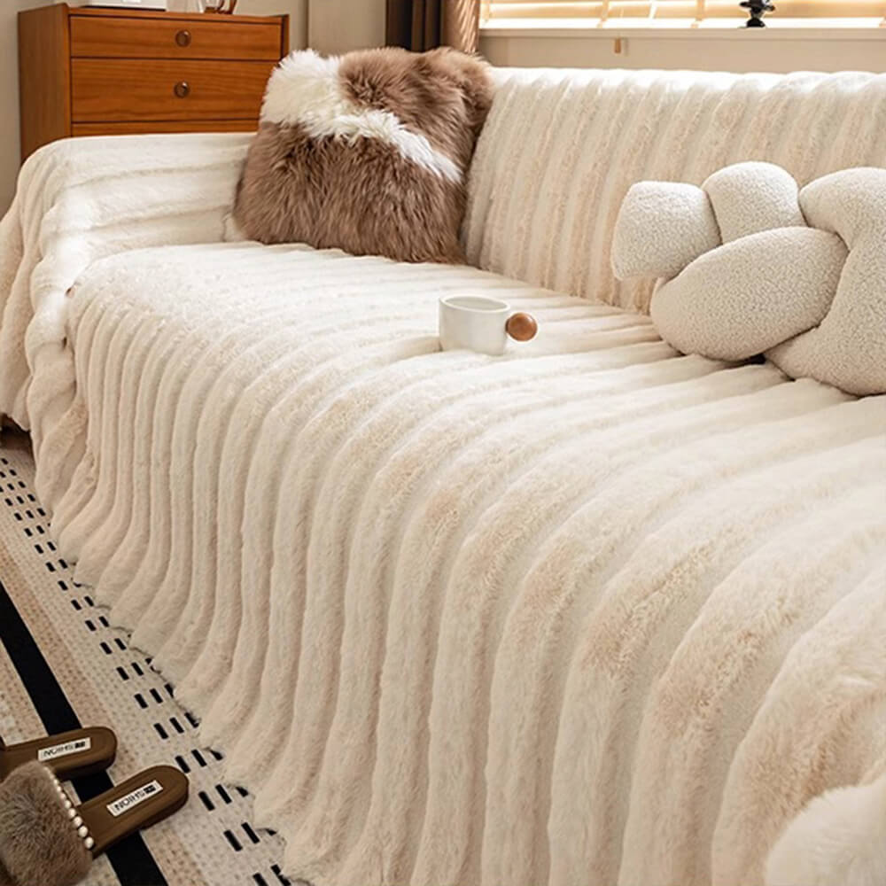 Cream Wide-Striped Faux Rabbit Fur One-Piece Sofa Protector Cover - Full Coverage Couch Mat
