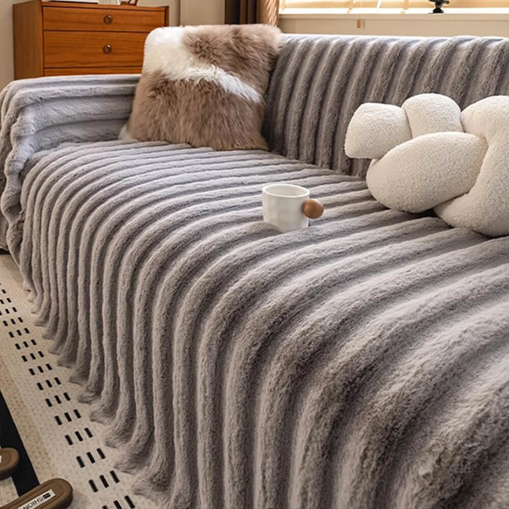 Cream Wide-Striped Faux Rabbit Fur One-Piece Sofa Protector Cover - Full Coverage Couch Mat