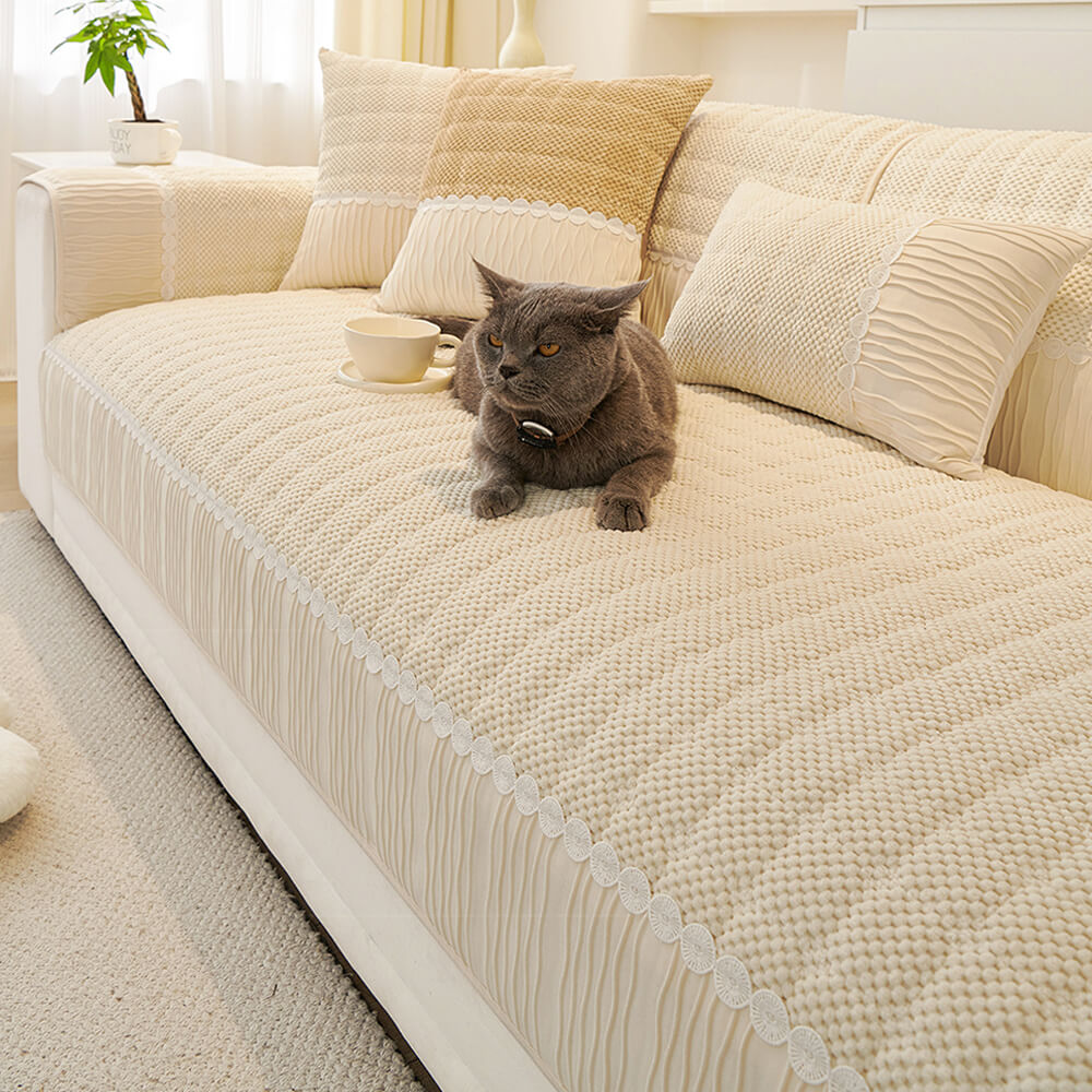 Elegant Soft Plush Grid Stitching Sofa Protector Cover - Warmth and Anti-Slip Couch Mat